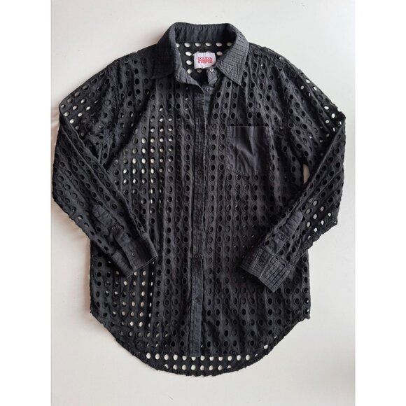 SOLID & STRIPED Black Cotton Eyelet Oxford Tunic Button Up Cover-Up, Size S - Picture 5 of 14